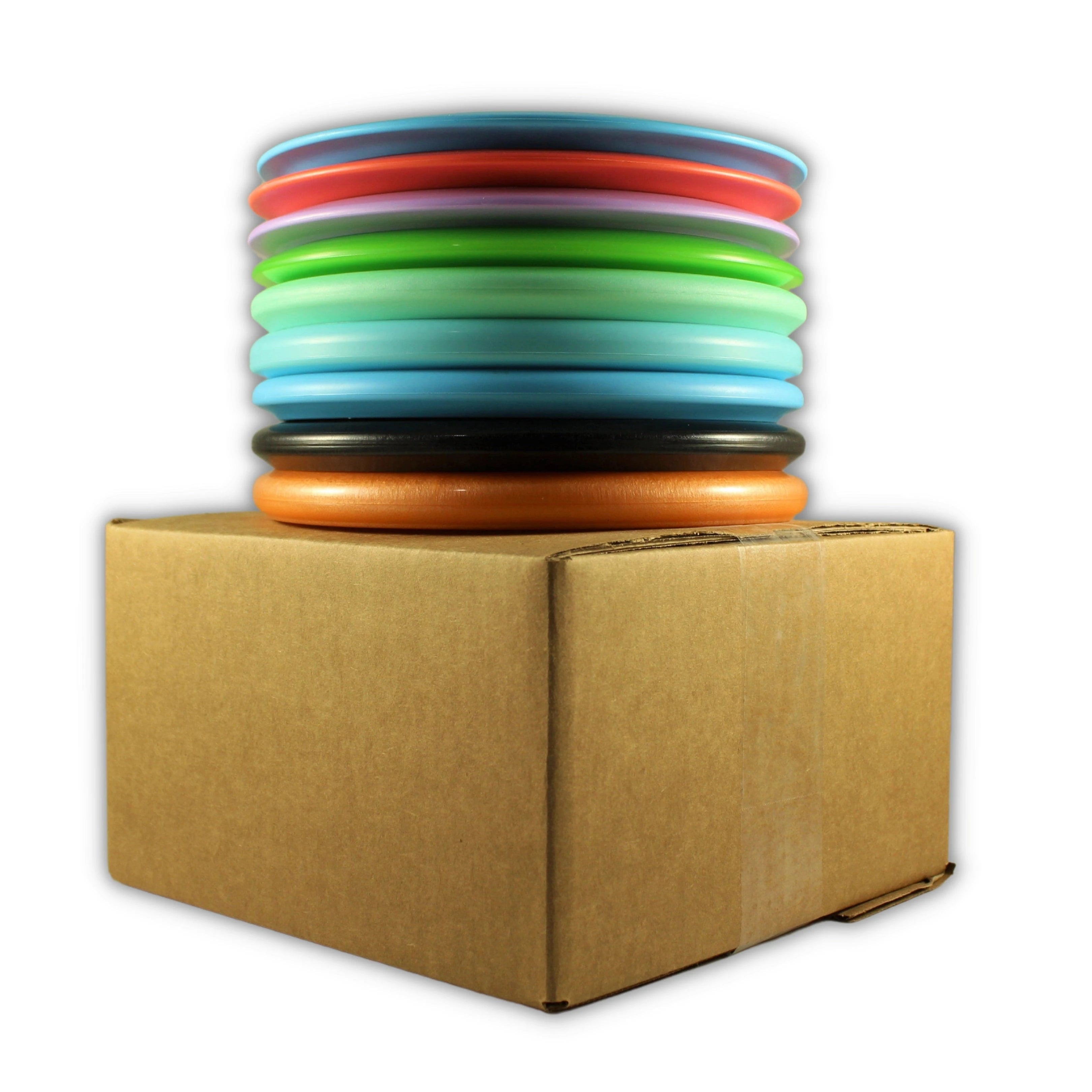 YK-DS-9ST-2 Stack of colorful frisbees on a box